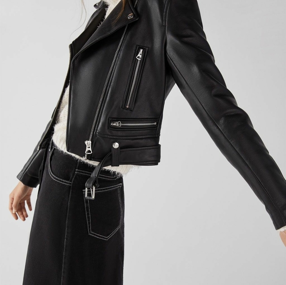 Faux leather cropped biker jacket with belt - Picture 2 of 6
